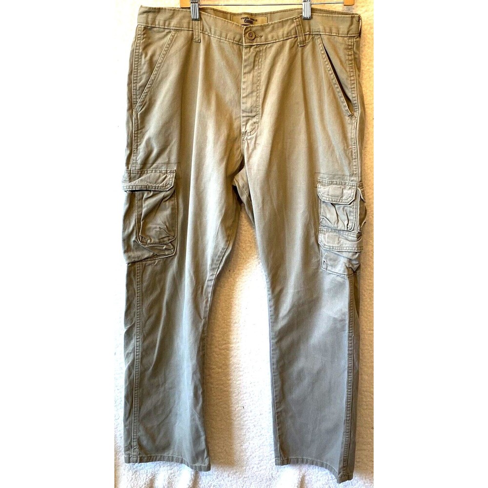 Wrangler Men Cargo Pants Khaki Flap Pockets Flat Front Cotton 36X32 Workwear